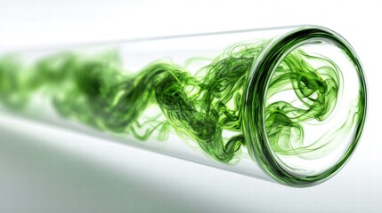 Green smoke swirls inside a glass tube, creating an abstract and mesmerizing scene.