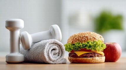 A contrast between healthy eating choices and a burger, with dumbbells.