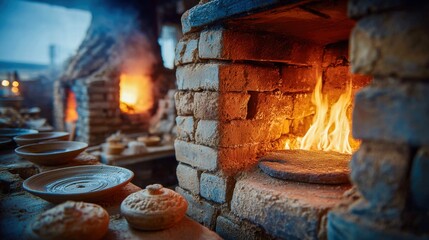 A vibrant view inside a pottery workshop, highlighting the warmth of the kiln and crafted pieces.