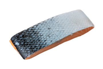 Photo of fresh raw salmon taken with a high-resolution camera using the focus-stacking technique on a white background.