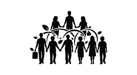 A group of people holding hands beneath leafy branches representing unity and togetherness silhouette