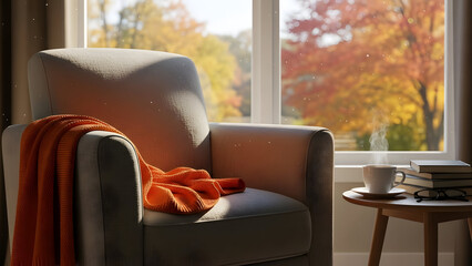 A cozy armchair with an orange blanket sits by a window overlooking a vibrant autumn landscape