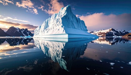 Floating iceberg reflecting in still, arctic waters