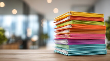 A stack of vibrant, multicolored books rests on a wooden table, blurred background
