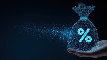 A futuristic money bag composed of interconnected digital dots, cradled within a human hand, showcasing a symbol of percentage. ..Created with Generative AI, not depicting real subjects.