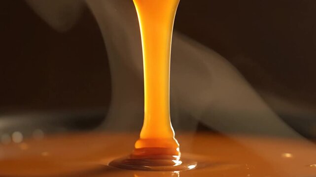 a stream of melted chocolate pouring into a pool of chocolate . use as multipurpose tittle intro, gaming background. product mockup. motion graphics background