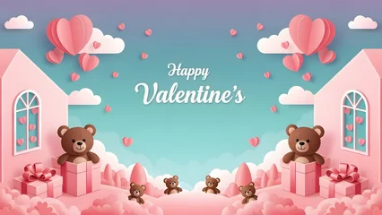 Fotobehang Lavendelkleur Happy Valentines Day paper cut style background with cute teddy bears in gift boxes and pink heart clouds in a whimsical landscape for romantic greeting card and banner design  © solom