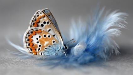 Butterfly rests on a soft blue feather with intricate wing patterns.