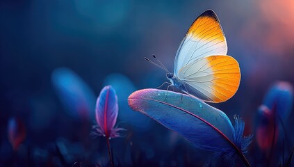 Butterfly rests on a vibrant feather in this enchanting natural scene.