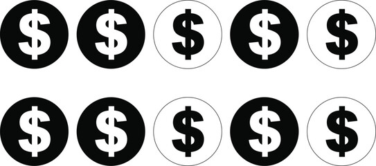 Obraz premium Dollar sign icon collection featuring black and white currency silhouettes and outlines in circular buttons for finance banking commerce and vector design.