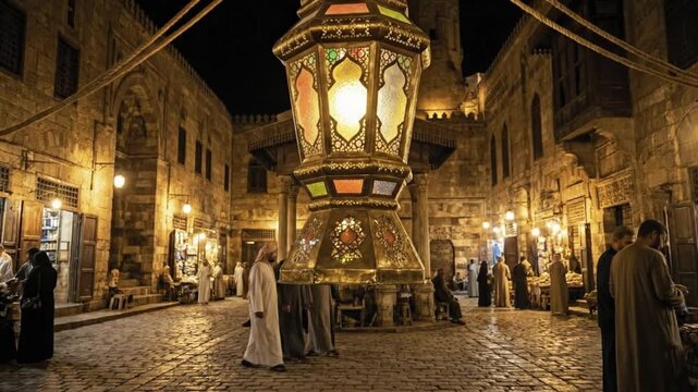 A captivating night scene unfolds in a historic, bustling street, illuminated by the warm glow of an elaborately decorated, large metal lantern with stained glass panels, suspended high above a cobble