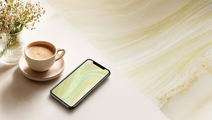 Coffee cup and phone on a table with delicate flowers and marbled background.