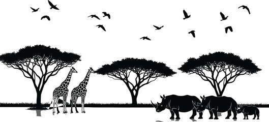 African savanna wildlife scene with giraffes and rhinoceros, acacia trees, flying birds, nature landscape, safari animals, wilderness adventure illustration concept © LITON WORLD