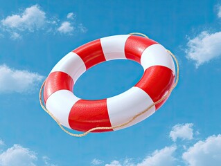 Red and white lifesaver ring floats in bright blue sky with fluffy clouds
