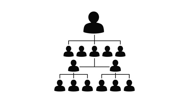 a hierarchical organizational chart depicting leadership structure with multiple levels of personnel silhouette
