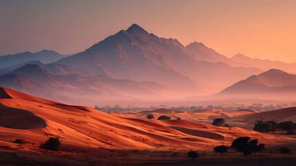 Fototapeta premium Landscape photography of vast red sand dunes with a sandstorm approaching and majestic mountains visible in the distance under haze.