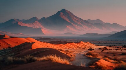 Naklejka premium Landscape photography of vast red sand dunes with a sandstorm approaching and majestic mountains visible in the distance under haze.