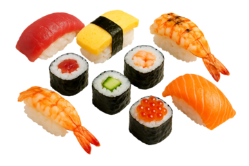 Assorted japanese sushi set with nigiri and maki rolls isolated on transparent background