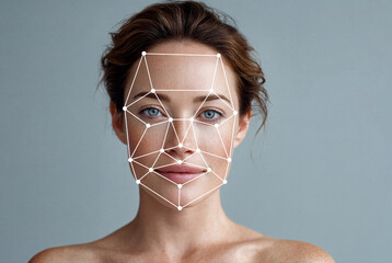 Facial woman recognition process applied on human face in studio setting