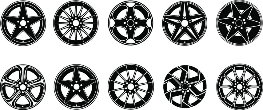 Black car wheel rim silhouette collection featuring various alloy designs spokes and star shapes for automotive service tire shop and transport vector.