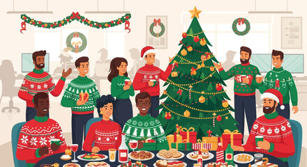 Fototapeta premium Group of people wearing Christmas sweaters.