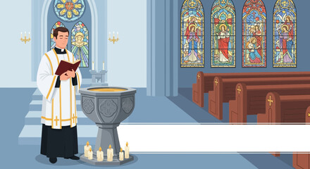 Priest standing by baptism font indoors.