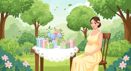 Pregnant woman sitting in garden outdoors.