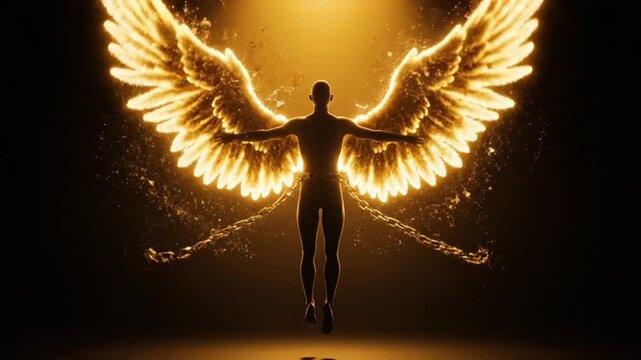Cinematic Silhouette of Man Breaking Chains and Sprouting Golden Fire Wings representing Ultimate Freedom and Victory