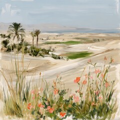 Desert oasis with palm trees, sand dunes, and blooming flowers.