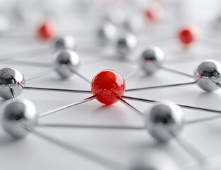 Network of spheres connected by lines, one red sphere stands out