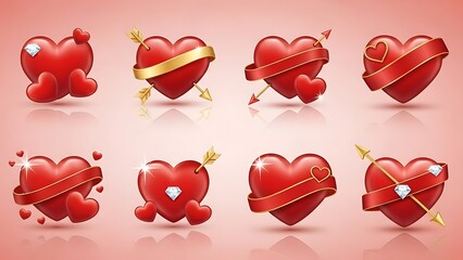 Collection of shiny red glossy heart icons featuring various romantic decorations like golden arrows precious diamonds and elegant satin ribbons perfect for valentine's day or love-themed graphics pro