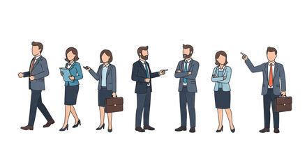 Obraz premium Diverse professionals in business attire walking and interacting in a line on a white background