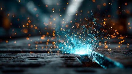 Macro view of industrial welding showing a bright blue electric arc with sparks flying dynamically around a molten metal joint texture.