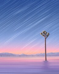 A lone desert tree stands under a sky filled with star trails at dusk.