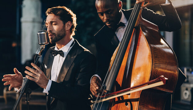 Two men playing jazz music outdoors, one singing and one on double bass.
