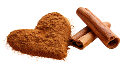 Cinnamon heart shaped powder with sticks for aromatic cooking and baking ingredient