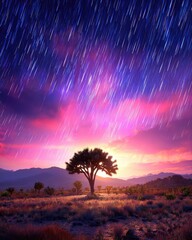 A lone desert tree stands against a vibrant sky with falling stars.