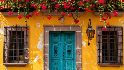 A vibrant yellow house with a bright blue door and red flowers