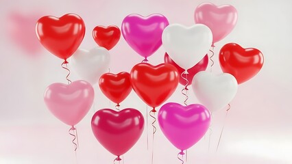 A beautiful assortment of glossy heart shaped balloons floats gently against a soft light background ready for romantic celebrations like valentines day or anniversaries