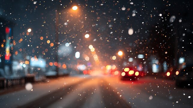 Night scene of falling snow, with streetlights and passing vehicles blurred in the background - Powered by Adobe