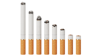 Cigarettes in various lengths with burning tips in studio lighting on white background for anti-smoking campaign