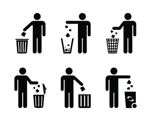 Waste Bin icon set. Throw garbage. Tidy man. Symbol keep clean. Tidy man symbol does not litter icon. Waste disposal icon with a person throwing trash into a bin