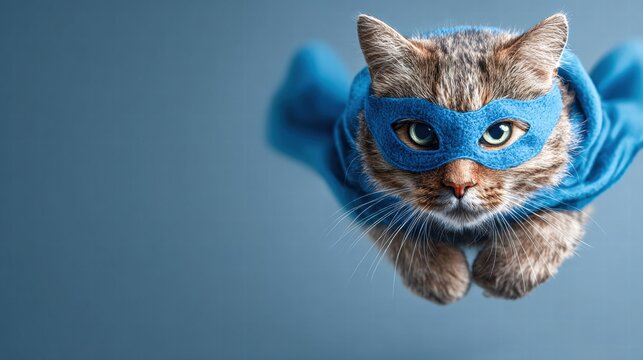 Superhero cat soaring through the air