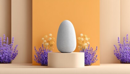 A plain egg sits on a pedestal surrounded by flowers.