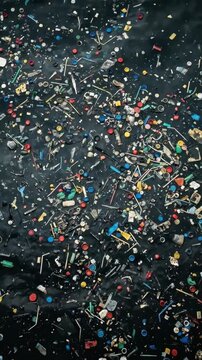 Plastic pollution floating on dark ocean water surface. Overhead view of garbage and microplastics including bottle caps and straws. Environmental disaster and ecological crisis concept