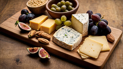 Gourmet cheese platter with assorted fruits, nuts, and crackers on a wooden board