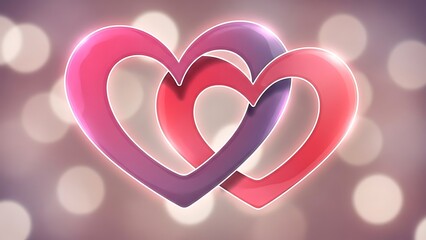 Two intertwined glossy hearts glowing with romantic light against a soft bokeh background symbolizing eternal love commitment and deep affection for holidays like valentine's day or wedding celebratio
