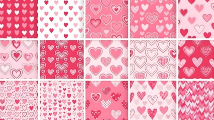 Seamless collection of romantic pink and red heart patterns featuring diverse styles ideal for valentines day or love themed digital backgrounds and fabric designs