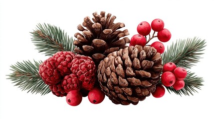 Festive arrangement of pinecones, berries, and evergreen branches.