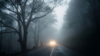 Fototapeta premium Foggy forest road with headlights approaching.